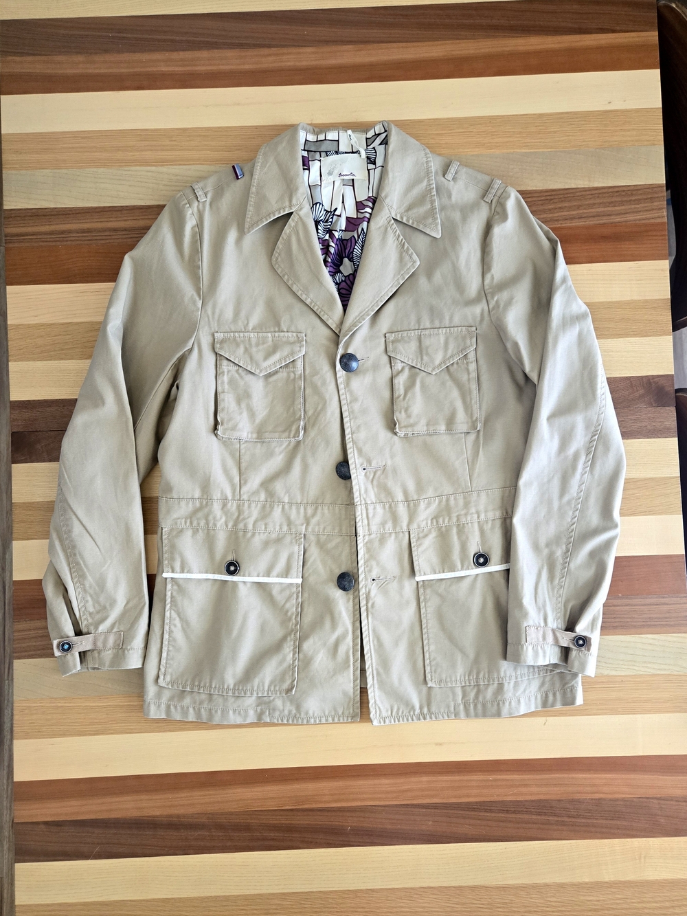 Trovata Guerra Beige Utility Jacket with White Trim Quiet Luxury Excellent Cond